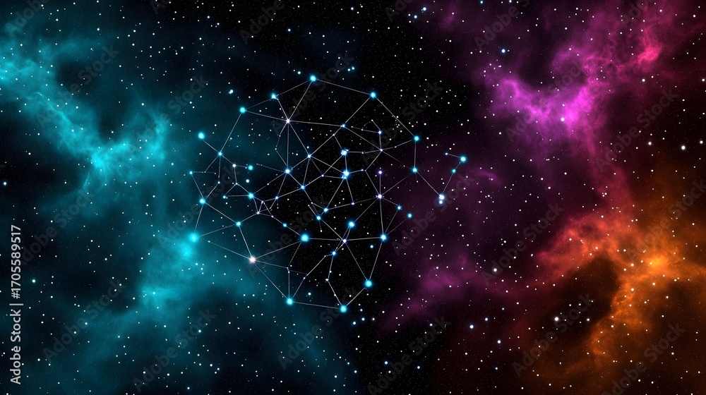 Wall mural the image depicts a mesmerizing abstract representation of space with a network of glowing blue poin