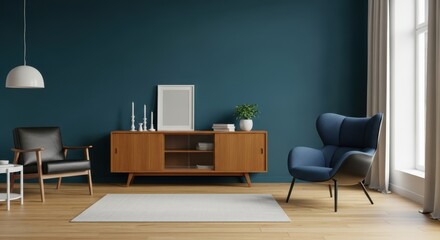 A modern living room features a deep teal wall a wooden sideboard and two