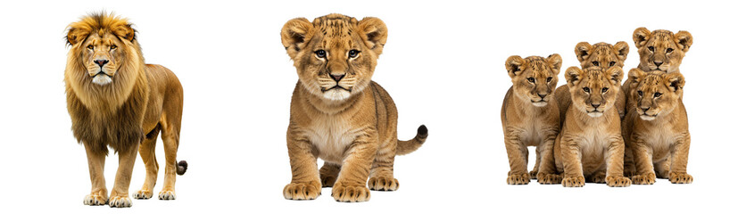 Obraz premium Majestic lion stands guard while playful cubs gather, embodying strength and family bonds.