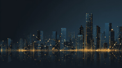 Fototapeta premium Sunshinea city of modern business and smart digital innovation with a network of interconnected rewards over the cityscape of the future smart wireless digital city and social media network
