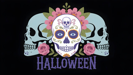 Halloween pixel art with skulls and flowers on a black background design