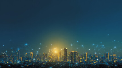 Sunshinea city of modern business and smart digital innovation with a network of interconnected rewards over the cityscape of the future smart wireless digital city and social media network