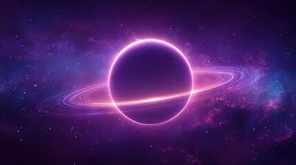 Glowing purple planet with luminous rings in cosmic galaxy space scene with stars and nebula background