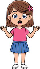 Cartoon, girl, surprised, emotion, expressive, character, pink shirt, blue skirt, flower hairpin, animated, confused, child, illustration, arms raised, open mouth, wide eyes, storytelling, education, 