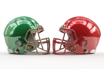 Fototapeta premium Two opposing football helmets, green and red, face off