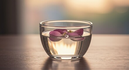 Pink Petals Floating in Glass Bowl on Wooden Surface