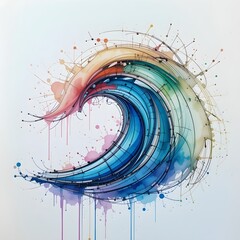 Colorful Abstract Wave Art – Modern Fluid Motion with Geometric Lines, Splashes and Vibrant Gradient Ocean Colors on White Background