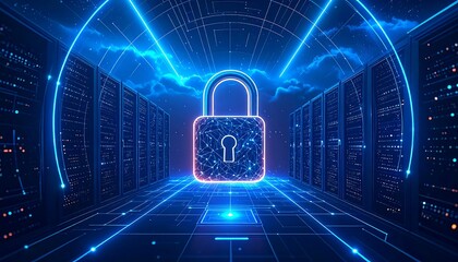 A digital lock glowing within a futuristic server room with glowing lines. The scene has a blue color theme and evokes security