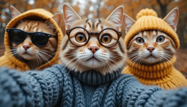 Three Cats in Knitwear Taking a Selfie in Autumn Woods
