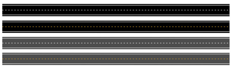 A vector illustration set of four different road styles, showing asphalt surfaces with various la lane markings. Includes solid lines and dotted lines in white and yellow.