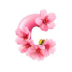 Pink floral letter C made of spring cherry blossom petals with delicate stamen and fresh leaf, soft romantic design