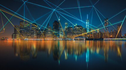 Obraz premium Twilight a city of modern business and smart digital innovation with a network of interconnected rewards over the cityscape of the future smart wireless digital city and social media network