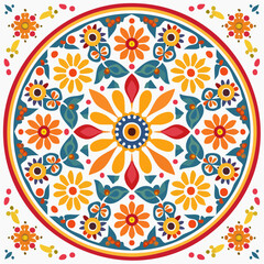 Fototapeta premium Circular Floral Mandala Pattern in Orange Yellow Red and Teal
