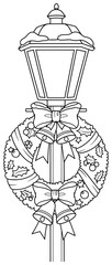 Christmas Wreath vector illustration of a festive holiday wreath decorated with bows holly and bells hanging on a traditional street lamp drawn in black line art style