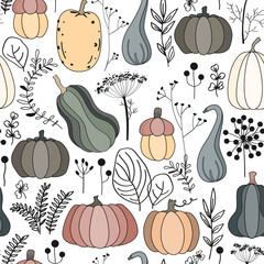 Autumn natural seamless pattern with linear leaves and herbs silhouettes, and cute pumpkins. Fall and Thanksgiving background. Vector illustration.