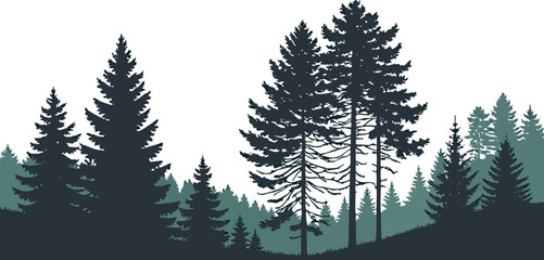Pine tree forest silhouette with tall evergreens and natural landscape, perfect for backgrounds, outdoor themes, and nature design. Scenic woodland illustration with detailed trees. Minimalist vector 