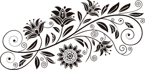 Black floral swirl ornament with blooming flowers, leaves, and mandala detail, perfect for decorative backgrounds, textile patterns, and artistic design projects. Elegant botanical motif with symmetry