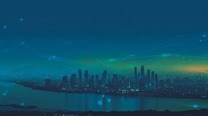 Fototapeta premium Twilight a city of modern business and smart digital innovation with a network of interconnected rewards over the cityscape of the future smart wireless digital city and social media network