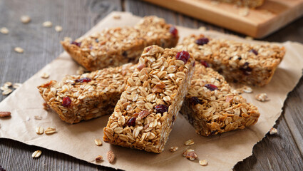 Photo of a pile of wholesome granola bars with dried cranberries and nuts rests on rustic brown paper