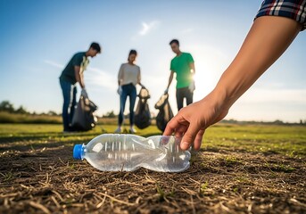 People cleaning plastic bottle outdoors trash bags