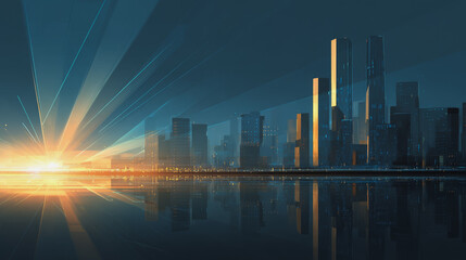 Twilight a city of modern business and smart digital innovation with a network of interconnected rewards over the cityscape of the future smart wireless digital city and social media network