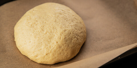 Dough raw cooking yeast, flour, water tasty snack fresh delicious gourmet food background on the table rustic food top view copy space