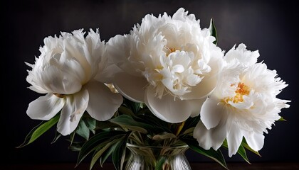 Beautiful Bouquet Of White Peonies In A Glass Vase With Delicate Petals On A Dark Background
