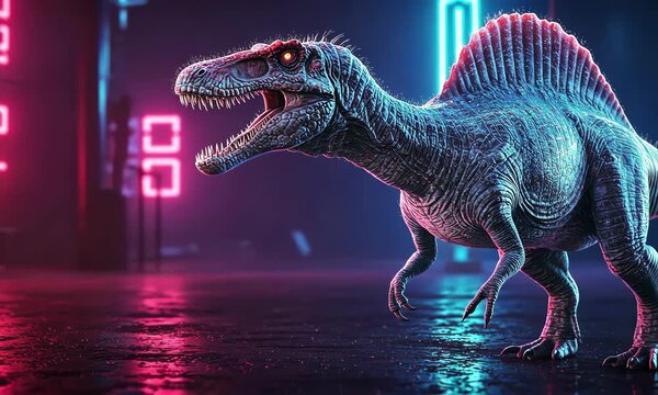 A spinosaurus dinosaur walks in a wet cybernetic environment with bright neon lights. Epic cyberpunk concept footage.
