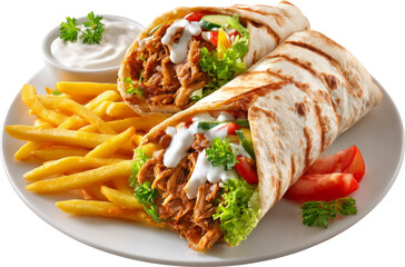 Appetizing doner kebab wrap shawarma meal, delicious serving with french fry