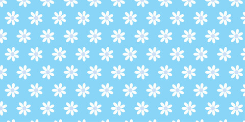 A festive seamless winter pattern with blue snowflakes and holiday floral designs. Hand drawn vector illustration of daisy flowers. Summer green chamomile flower field. beautiful yellow daisy. 