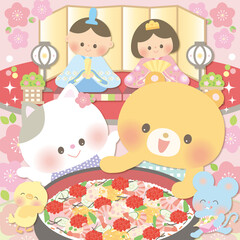 動物たちとお雛様の楽しいひな祭りのイラスト