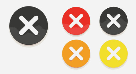 Obraz premium Five round buttons with a white X, in black, red, orange, and yellow.