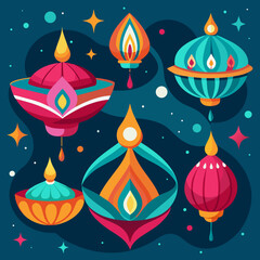Colorful diwali lanterns and stars on a dark blue background