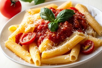Delicious Italian Penne Pasta with Fresh Tomato Sauce and Basil Leaves Garnished with Parmesan