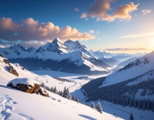 A breathtaking vista of snow-capped mountain peaks, bathed in the golden hues of a serene winter sunrise.