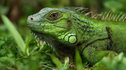 Fototapeta premium Vibrant Green Iguana in CloseUp against a Venezuelan Backdrop, Ideal for NatureFocused Projects Boosts Awe and Connection with Wildlife.