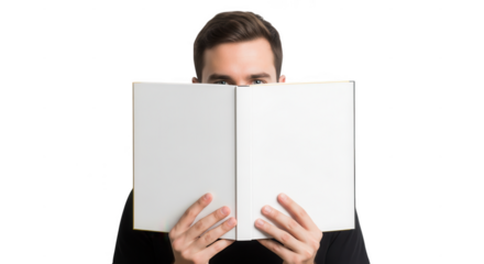 Man holding an open book in front of his face isolated on transparent background