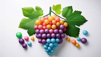 A Vibrant Illustration Of A Grape Cluster Made Of Colorful Spheres Featuring Green Leaves On A White Background