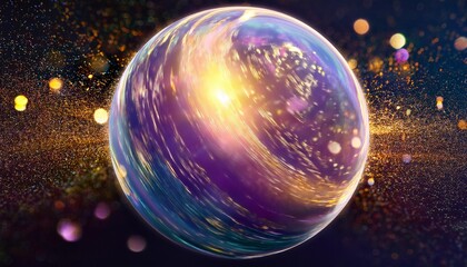 A Vibrant Planet Orb Glows With Vivid Pastel Colors Surrounded By Shimmering Golden Particles Creating A Celestial Dreamscape Close Up Shot