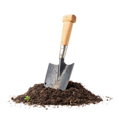 Garden Hand Tool With Metal Shovel Embedded In Dark Rich Soil Isolated On White Background
