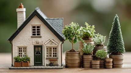 Small House on Pile of Coins Symbolizing Financial Gains from Green Energy Investment, Ideal for Highenergy Campaigns and Business Presentations Empowering Creativity and Sustainable.