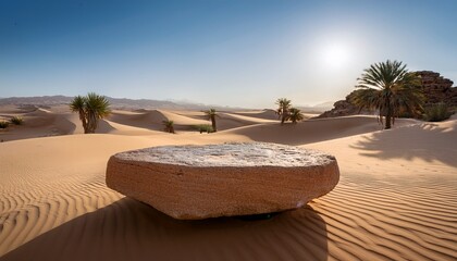 A Tranquil Desert Oasis Featuring A Striking Stone Podium