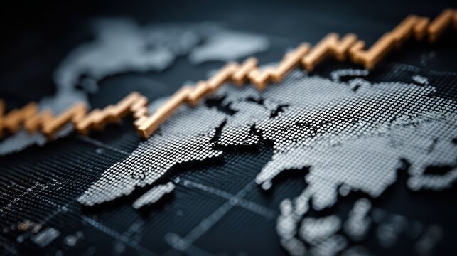 Closeup World Map Graph Decrease Visualizing Global Economic Trends Perfect for Business Presentations and Analytics.