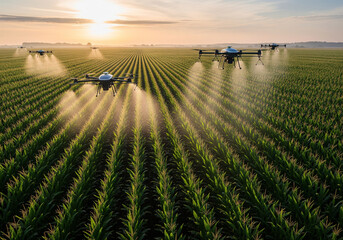 Agricultural drones spray crops in a vast field at sunset, showcasing modern farming technology.