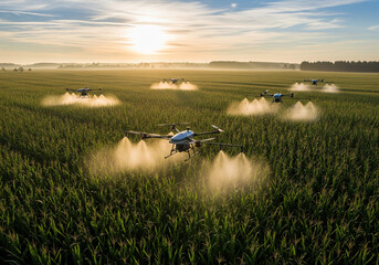 Fototapeta premium Drones spray crops in a vast green field at sunrise, showcasing modern agricultural technology.