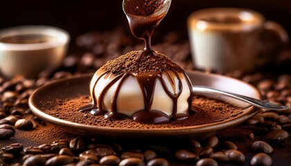 A Spoonful Of Creamy Dessert Is Drizzled With Rich Chocolate Sauce And Sprinkled With Cocoa Surrounded By Scattered Coffee Beans In A Cozy Atmosphere