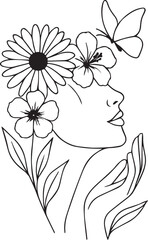 Grace in Bloom — Woman with Floral Spirit & Butterfly Touch Minimalist Silhouette Art