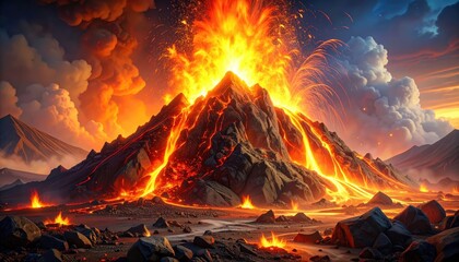 A dramatic eruption of molten lava cascading down a volcanic peak, illuminated by fiery orange hues, against a backdrop of dramatic clouds and volcanic landscape.
