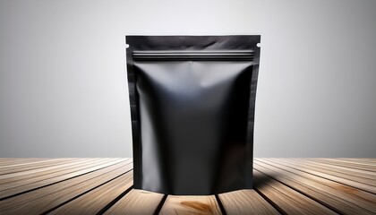 A Sleek Black Packaging Pouch Stands Upright On A Wooden Surface Surrounded By A Light Gray Background Emphasizing Its Modern Design And Versatility For Various Products