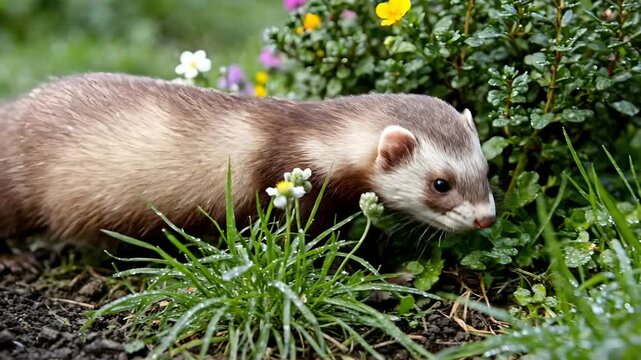 A curious sable polecat ferret exploring a lush green garden with colorful flowers and wet grass